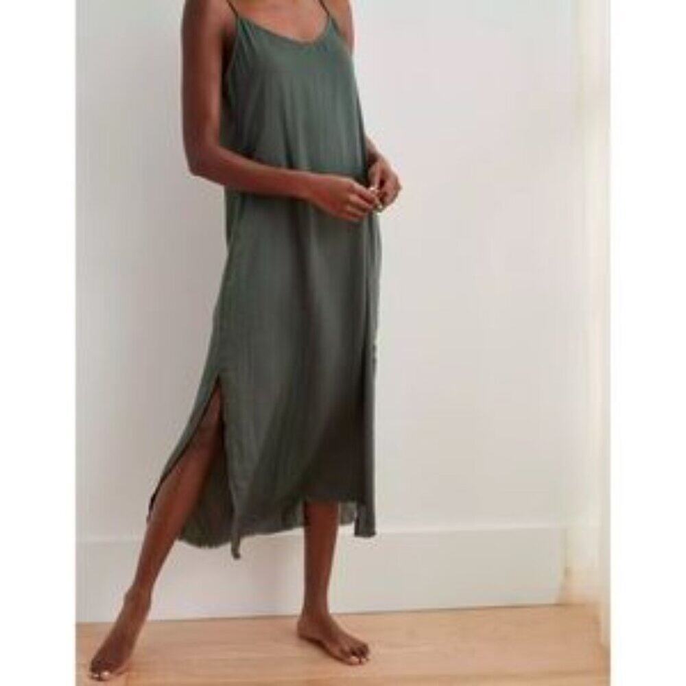 Aerie Green Satin Slip Midi Dress with Slits Raw Frayed Hem Size Xs